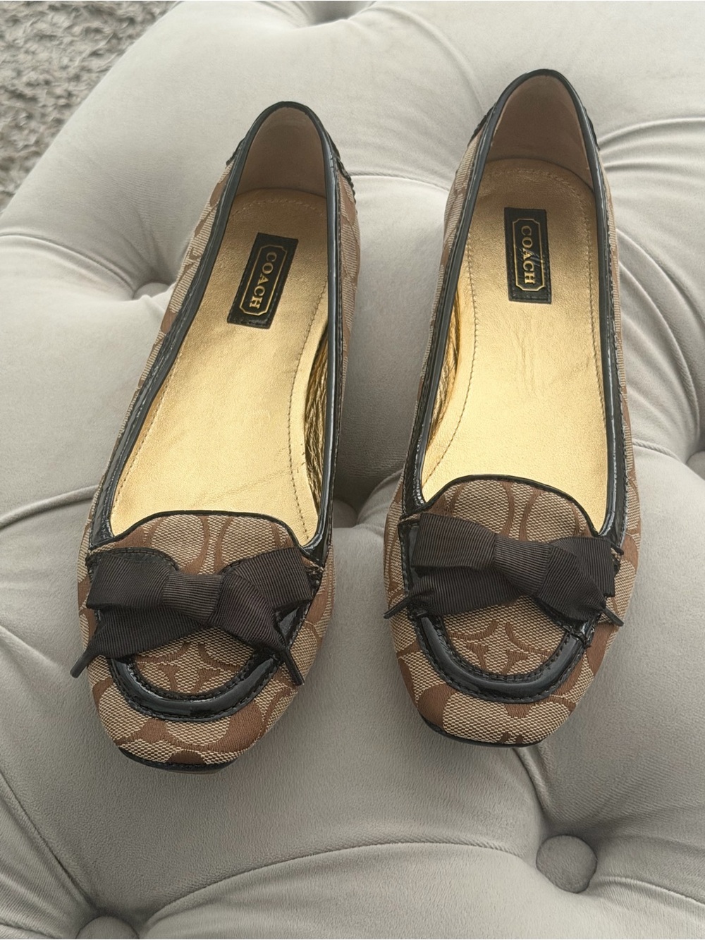 Coach Brown Signature Canvas Bow Loafers - Women's